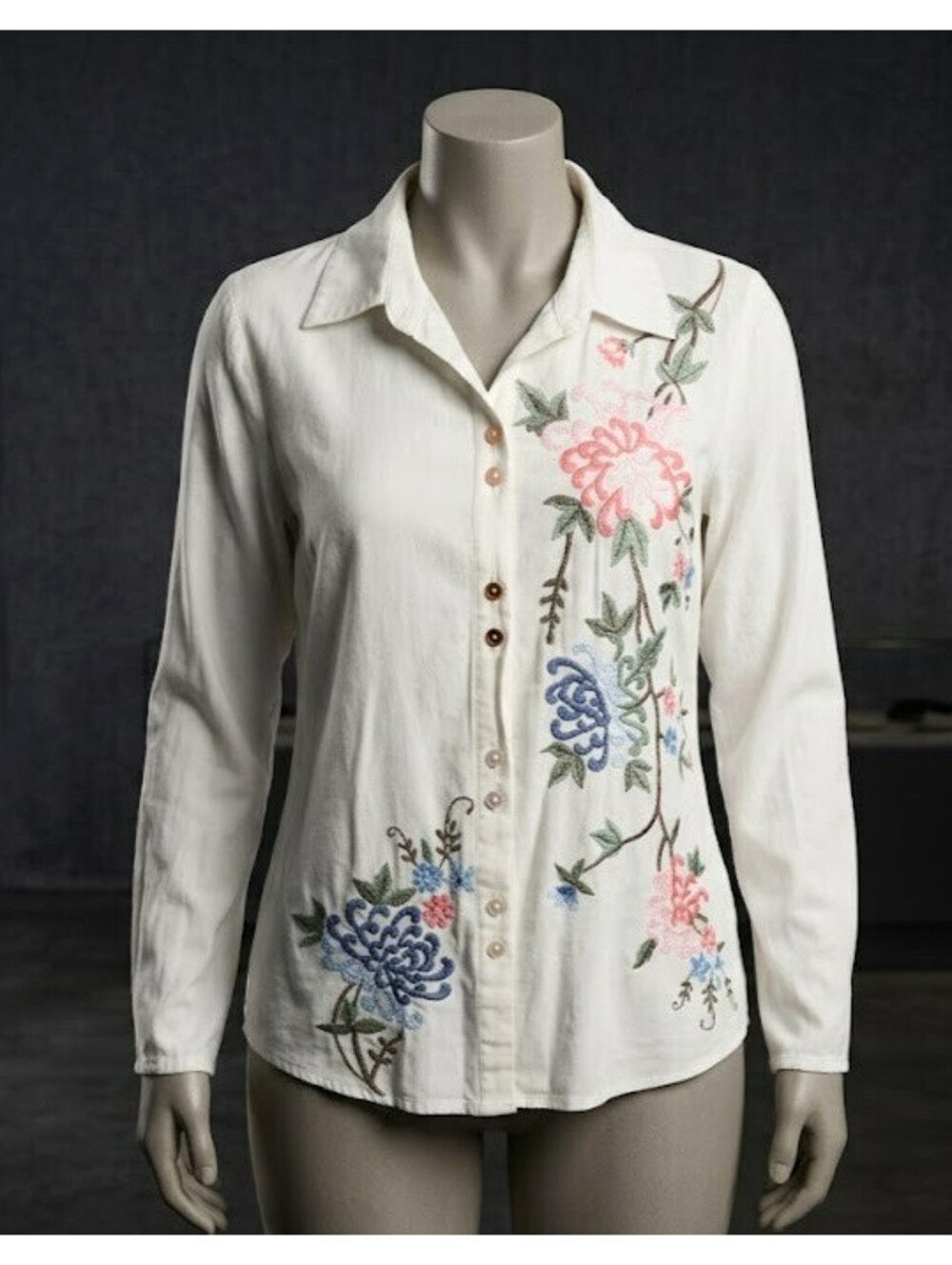 New Direction Petite Blouse Womens PL White Floral Embroidered Cotton Button Up